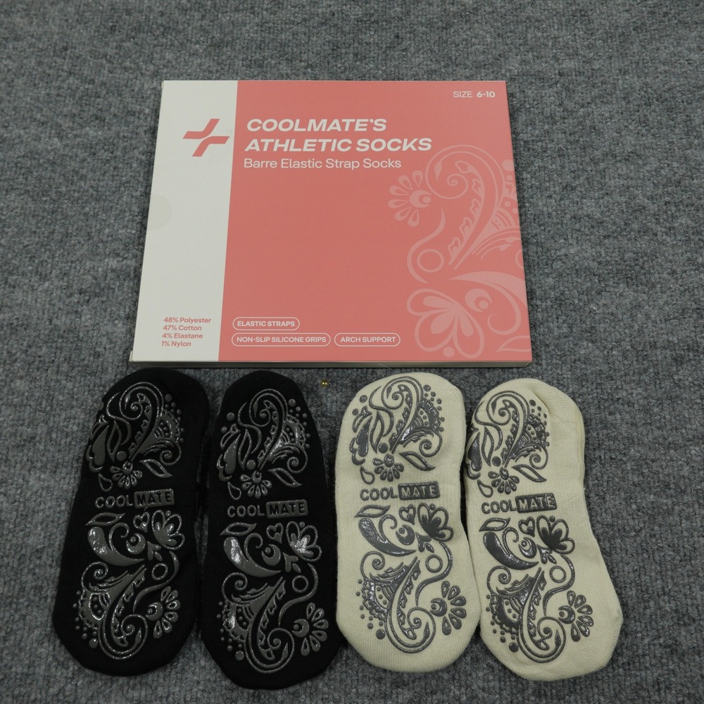 Coolmate Socks Yoga Womens 6-10 Black Beige Barre Elastic Non-Slip Grip 2 Pair